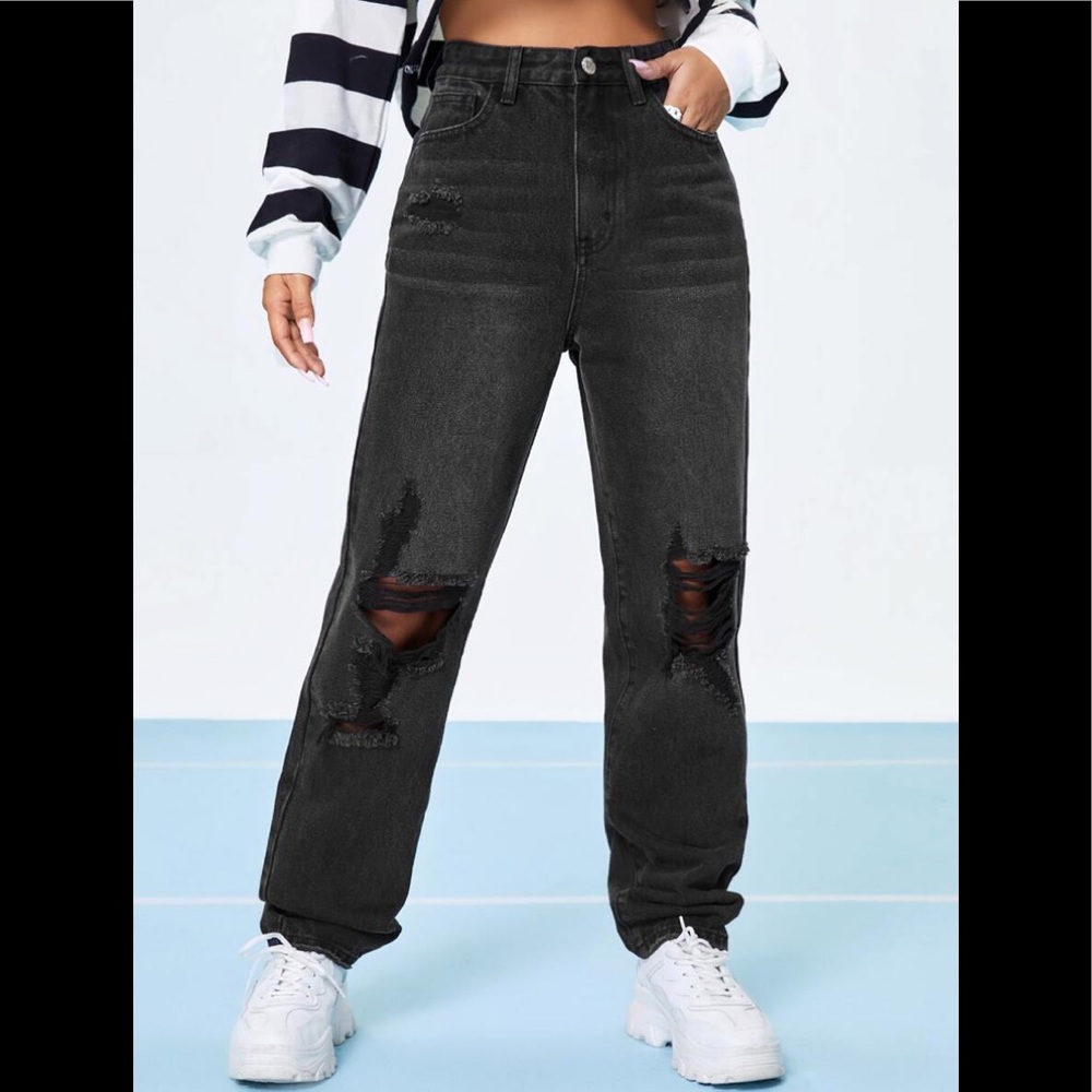 Shein Ripped Detail Straight Leg Jeans